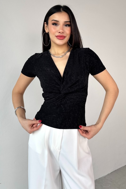 BLZ-13325 Siyah Önden Bağlama Detaylı V Yaka Bluz - 4