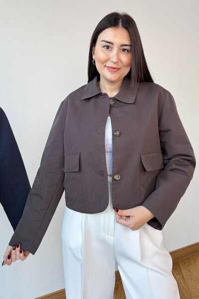 CKT-0163 Acı Kahve Astarlı Gabardin Cepli Crop Ceket - Cappmoda