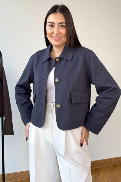 CKT-0163 Lacivert Astarlı Gabardin Cepli Crop Ceket - Cappmoda (1)
