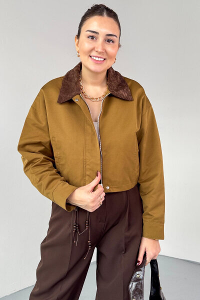 CKT-0242 Taba Kadife Yaka Astarlı Crop Ceket 