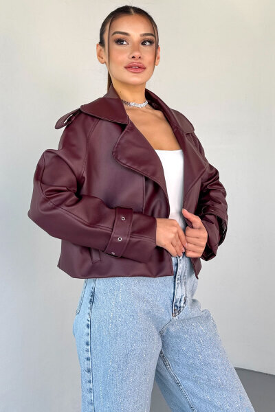 CKT-1004 Bordo Suni Deri Kruvaze Yaka Tokalı Kol Detaylı Cropped Ceket - 3