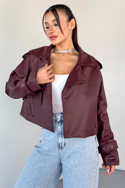 CKT-1004 Bordo Suni Deri Kruvaze Yaka Tokalı Kol Detaylı Cropped Ceket 