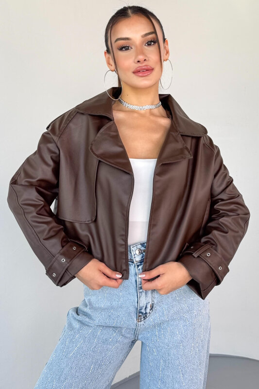 CKT-1004 Kahverengi Suni Deri Kruvaze Yaka Tokalı Kol Detaylı Cropped Ceket - 6