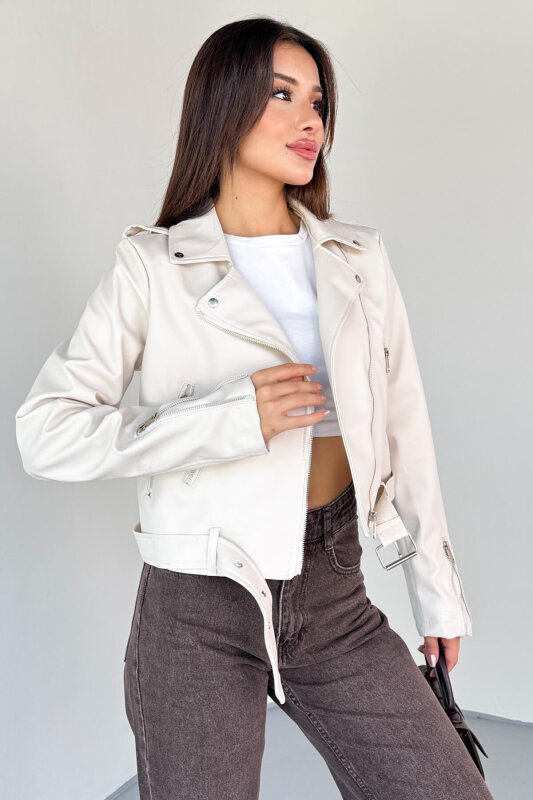 CKT-12047 Krem Suni Deri Kemerli Biker Ceket - 1