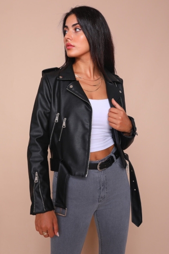 CKT-12047 Siyah Suni Deri Kemerli Biker Ceket - 6