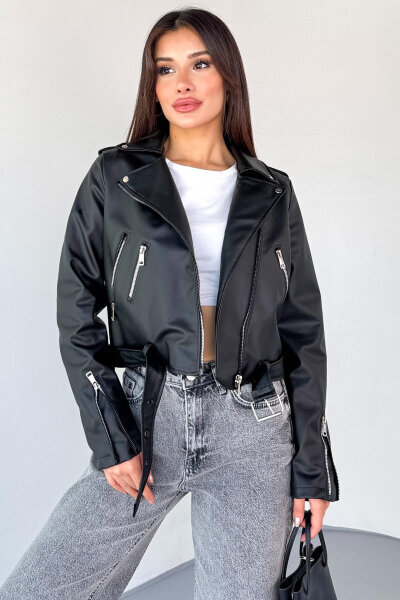 CKT-12047 Siyah Suni Deri Kemerli Biker Ceket 