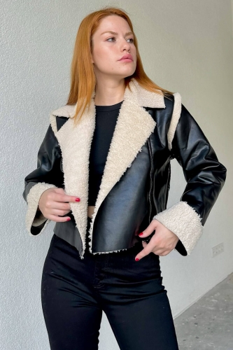 CKT-12401 Siyah Kürk Detaylı Fermuarlı Siyah Suni Deri Ceket - 4
