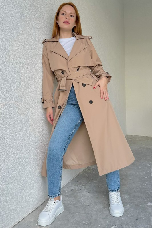 CKT-12402 Taş Rengi Kuşaklı Düğmeli Uzun Trençkot - 3