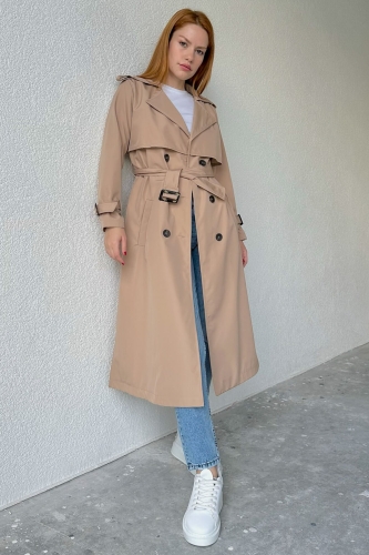 CKT-12402 Taş Rengi Kuşaklı Düğmeli Uzun Trençkot - 4