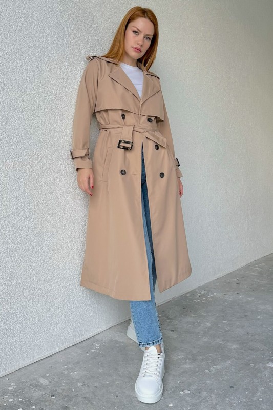 CKT-12402 Taş Rengi Kuşaklı Düğmeli Uzun Trençkot - 4