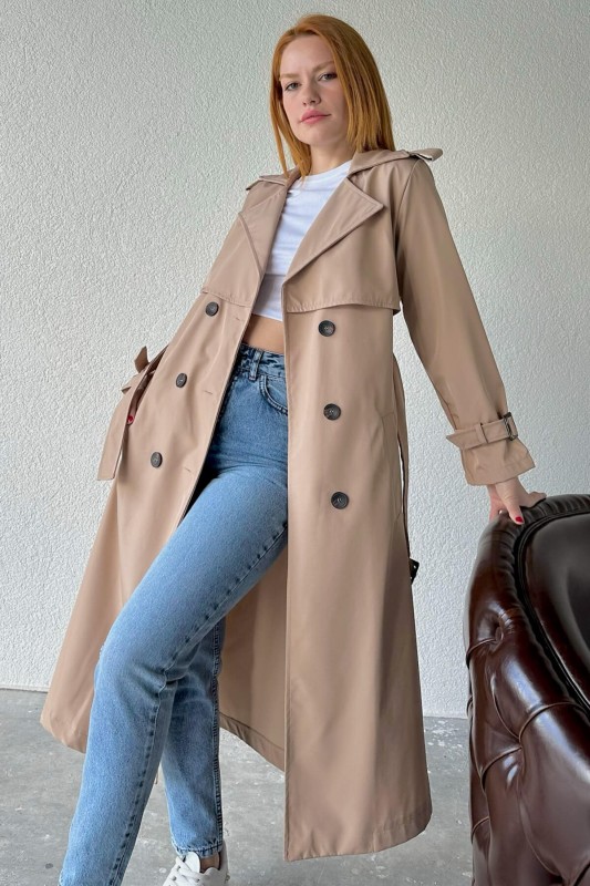 CKT-12402 Taş Rengi Kuşaklı Düğmeli Uzun Trençkot - 7