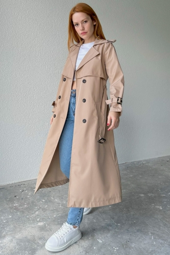 CKT-12402 Taş Rengi Kuşaklı Düğmeli Uzun Trençkot 