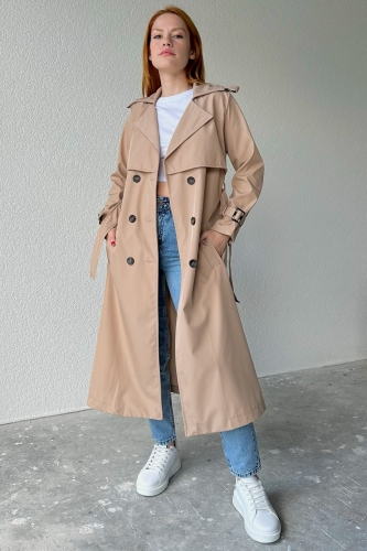 CKT-12402 Taş Rengi Kuşaklı Düğmeli Uzun Trençkot - 2
