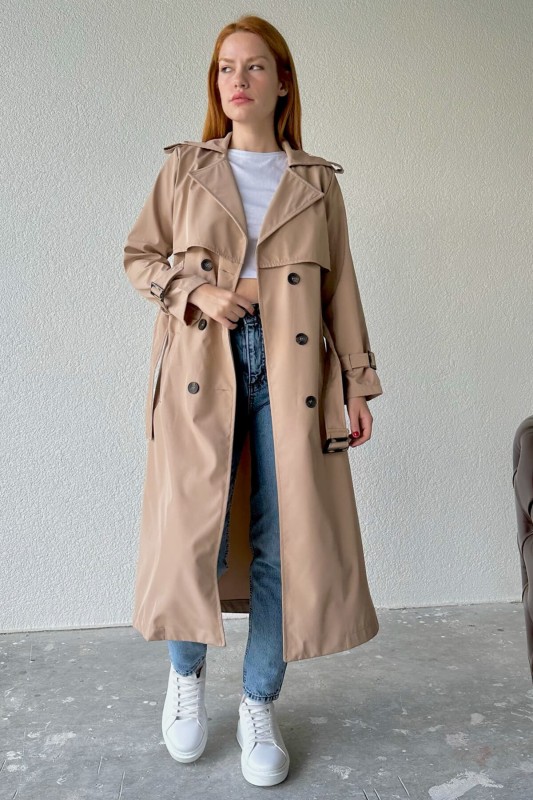 CKT-12402 Taş Rengi Kuşaklı Düğmeli Uzun Trençkot - 8