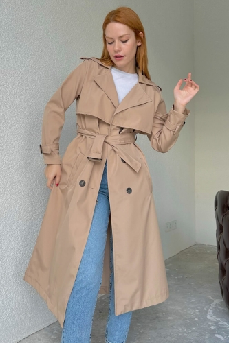 CKT-12402 Taş Rengi Kuşaklı Düğmeli Uzun Trençkot - 9