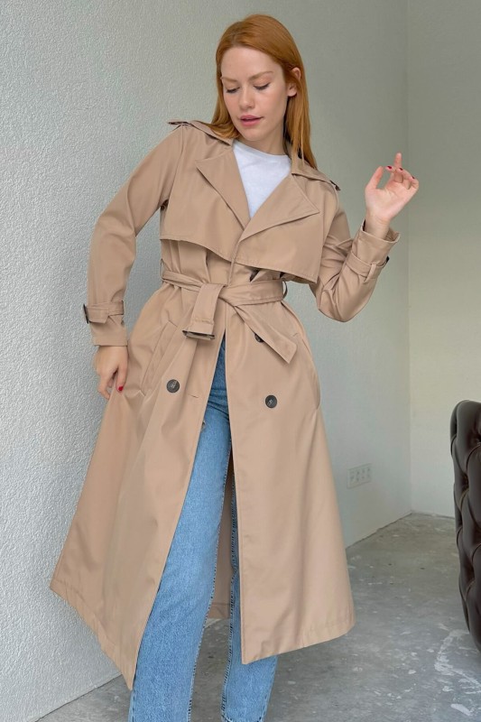 CKT-12402 Taş Rengi Kuşaklı Düğmeli Uzun Trençkot - 9