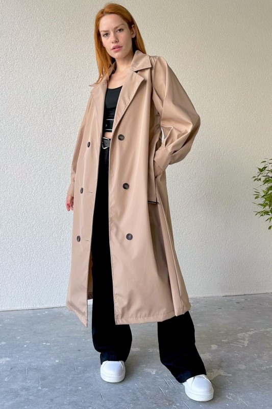 CKT-12403 Taş Rengi Düğmeli Kuşaklı Klasik Trençkot - 4