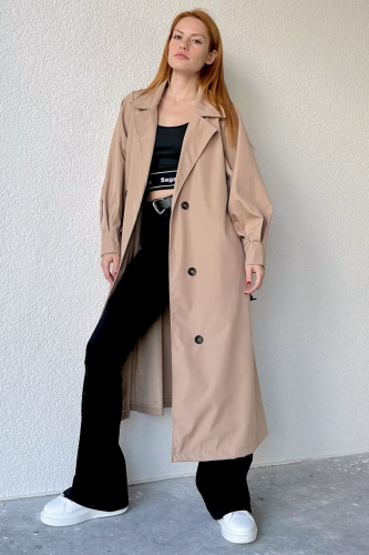 CKT-12403 Taş Rengi Düğmeli Kuşaklı Klasik Trençkot - 1