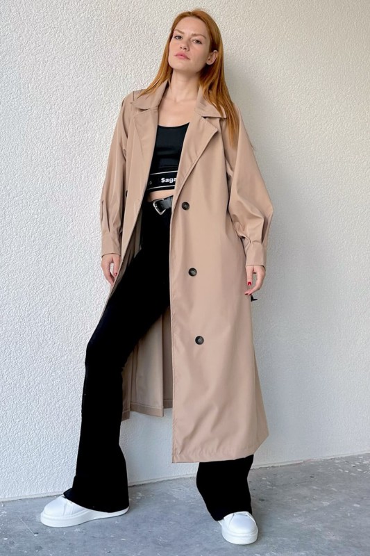CKT-12403 Taş Rengi Düğmeli Kuşaklı Klasik Trençkot - 1