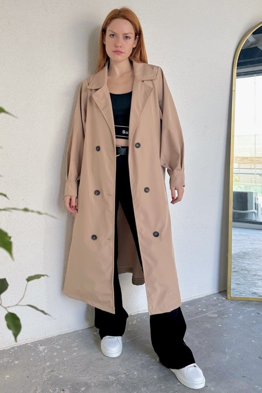 CKT-12403 Taş Rengi Düğmeli Kuşaklı Klasik Trençkot - 5