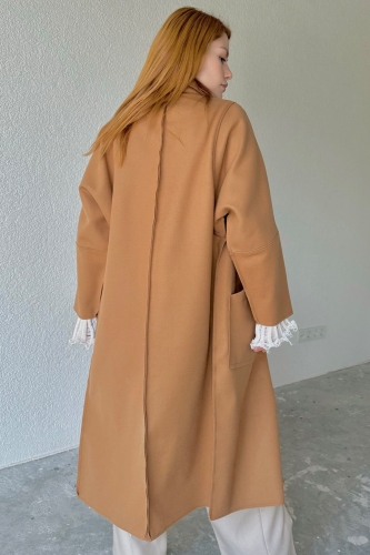 CKT-12405 Taba Yarasa Kol Kaşe Kumaş Kuşaklı Cep Detay Uzun Ceket - 7