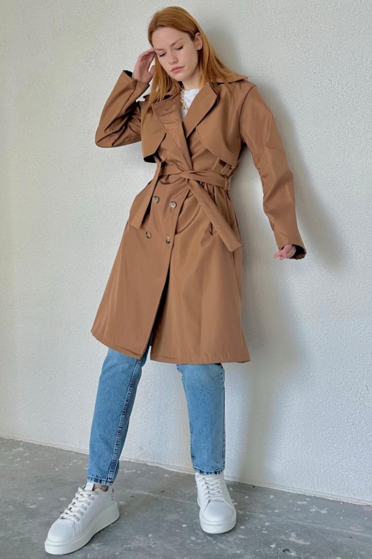 CKT-12406 Taba Kuşaklı Düğmeli Su Geçirmez Trençkot - 1