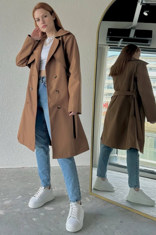 CKT-12406 Taba Kuşaklı Düğmeli Su Geçirmez Trençkot - 2