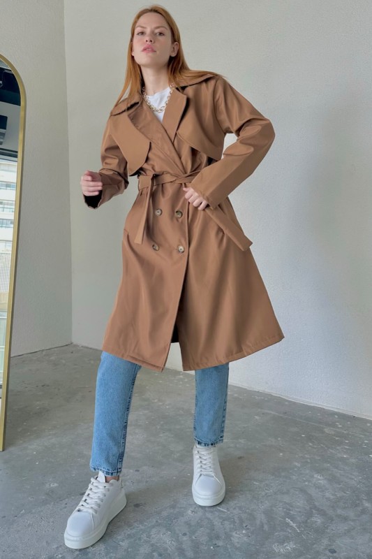CKT-12406 Taba Kuşaklı Düğmeli Su Geçirmez Trençkot - 4
