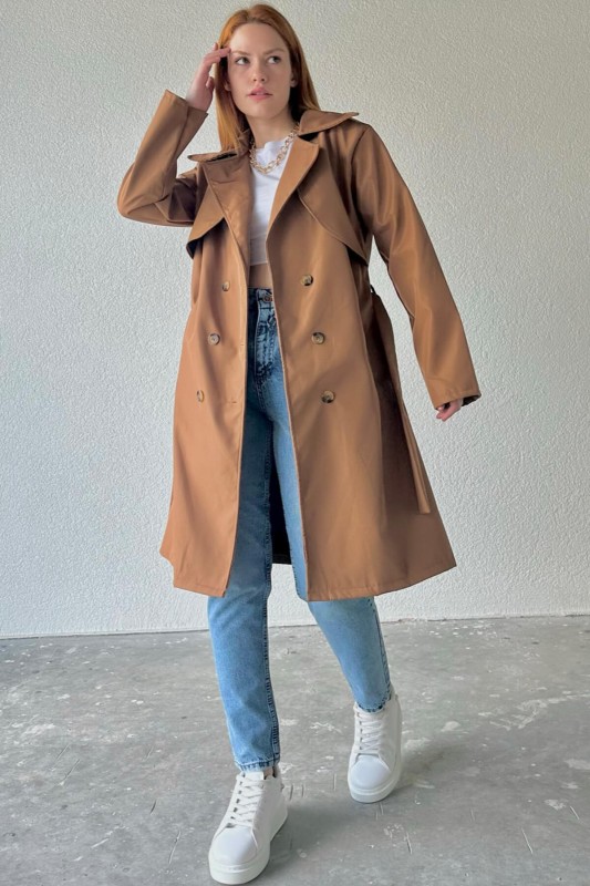 CKT-12406 Taba Kuşaklı Düğmeli Su Geçirmez Trençkot - 5