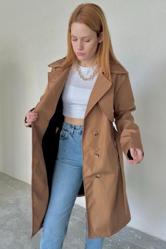 CKT-12406 Taba Kuşaklı Düğmeli Su Geçirmez Trençkot - 6