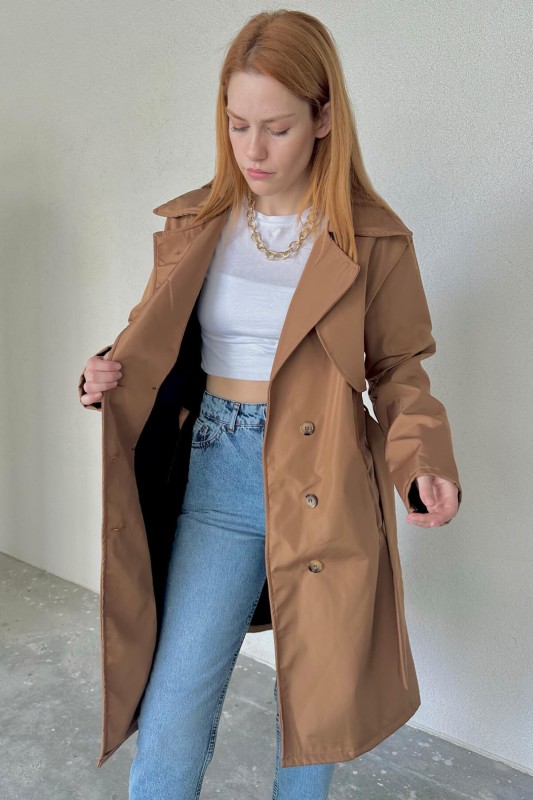 CKT-12406 Taba Kuşaklı Düğmeli Su Geçirmez Trençkot - 6