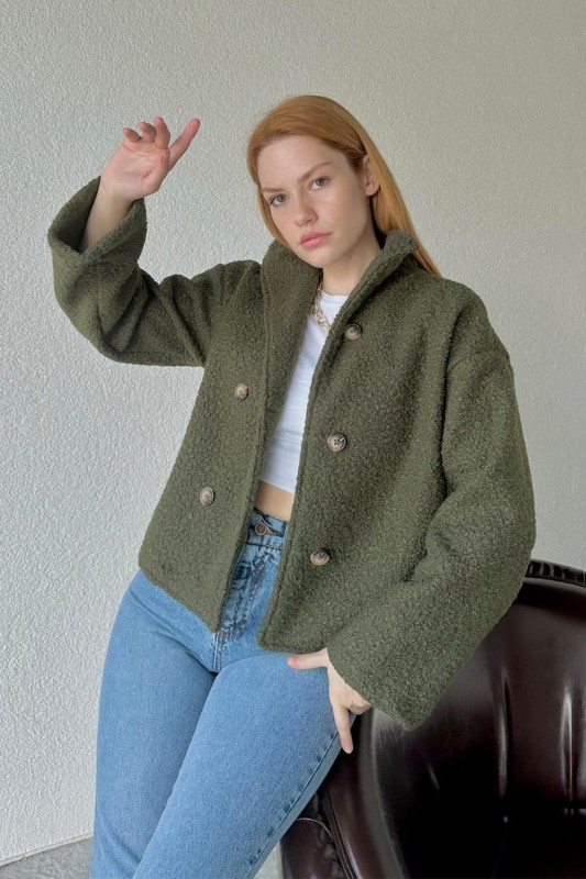 CKT-12407 Haki Tedy Kumaş Düğmeli Dik Yaka Ceket - 3