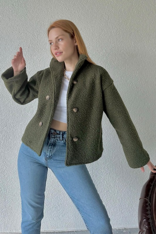 CKT-12407 Haki Tedy Kumaş Düğmeli Dik Yaka Ceket - 4