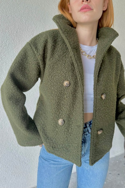 CKT-12407 Haki Tedy Kumaş Düğmeli Dik Yaka Ceket - 2