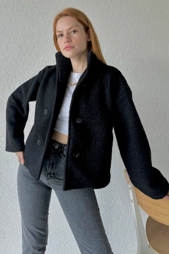 CKT-12407 Siyah Tedy Kumaş Düğmeli Dik Yaka Ceket 
