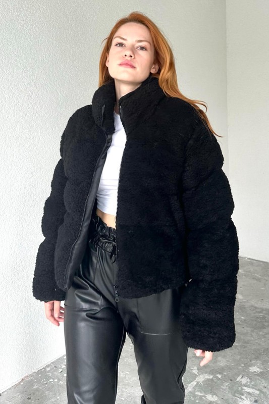 CKT-12411 Siyah Tedy Kumaş Fermuarlı Astarlı Dik Yaka Mont - 1