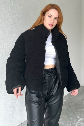 CKT-12411 Siyah Tedy Kumaş Fermuarlı Astarlı Dik Yaka Mont - 4