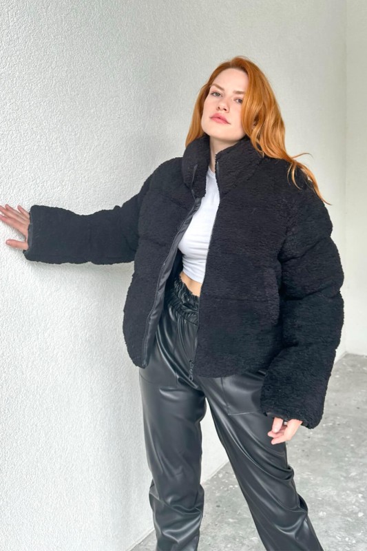 CKT-12411 Siyah Tedy Kumaş Fermuarlı Astarlı Dik Yaka Mont - 5