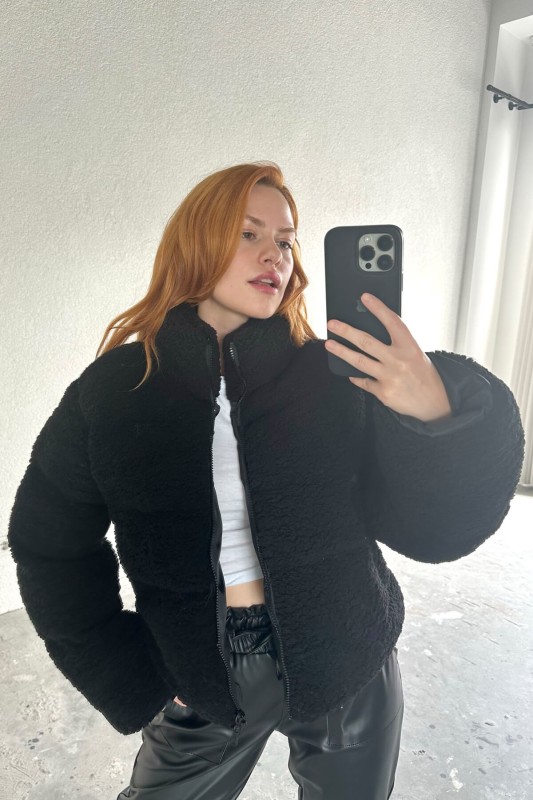 CKT-12411 Siyah Tedy Kumaş Fermuarlı Astarlı Dik Yaka Mont - 2