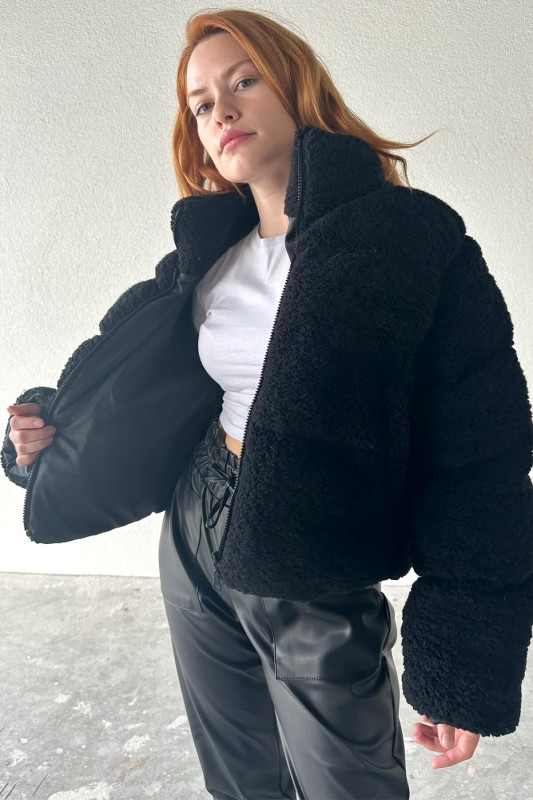 CKT-12411 Siyah Tedy Kumaş Fermuarlı Astarlı Dik Yaka Mont - 3