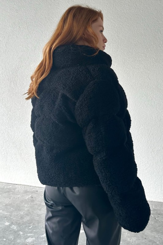 CKT-12411 Siyah Tedy Kumaş Fermuarlı Astarlı Dik Yaka Mont - 6
