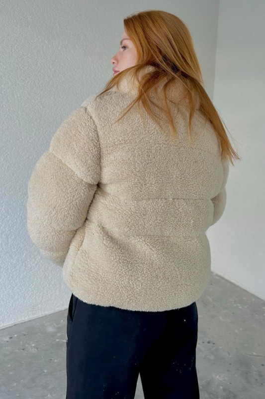 CKT-12411 Taş Rengi Tedy Kumaş Fermuarlı Astarlı Dik Yaka Mont - 7