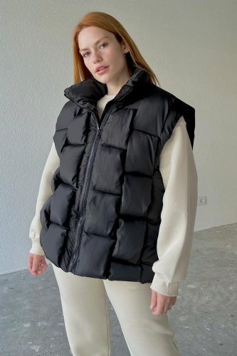 CKT-12412 Siyah Dik Yaka Dikişli Cepli Şişme Yelek - 4