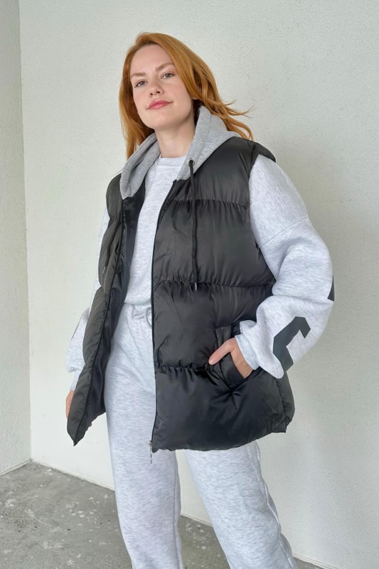 CKT-12413 Siyah Gri Kapüşonlu Cepli Su Geçirmez Şişme Yelek - 3