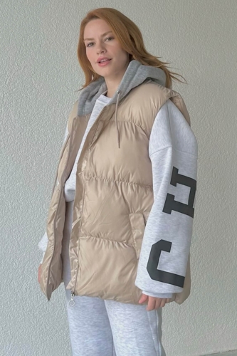 CKT-12413 Taş Rengi Gri Kapüşonlu Cepli Şişme Yelek - 2