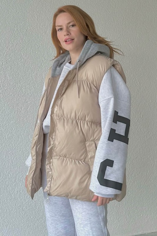 CKT-12413 Taş Rengi Gri Kapüşonlu Cepli Şişme Yelek - 2