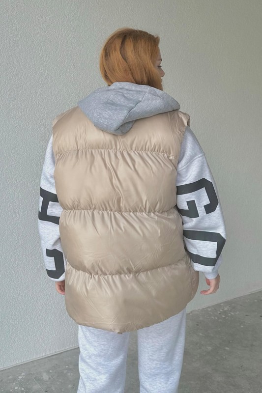 CKT-12413 Taş Rengi Gri Kapüşonlu Cepli Şişme Yelek - 6