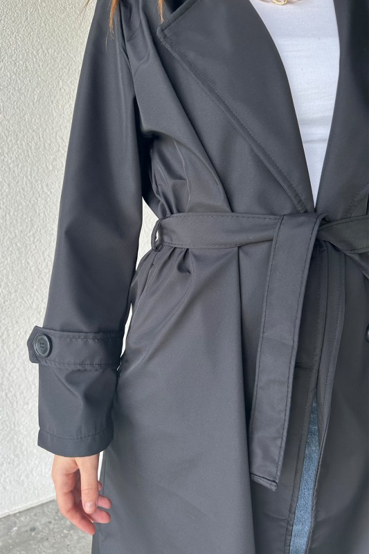 CKT-12414 Siyah Düğmeli Kuşaklı Klasik Model Trençkot - 2