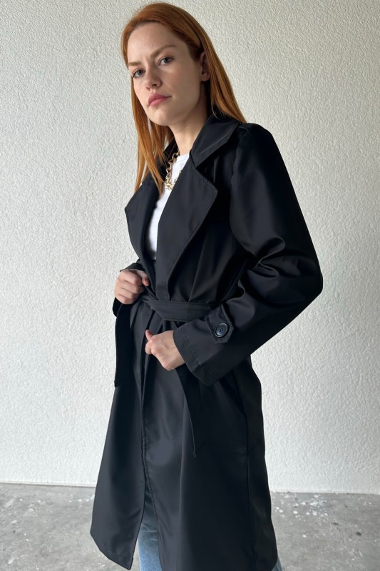 CKT-12414 Siyah Düğmeli Kuşaklı Klasik Model Trençkot - 3