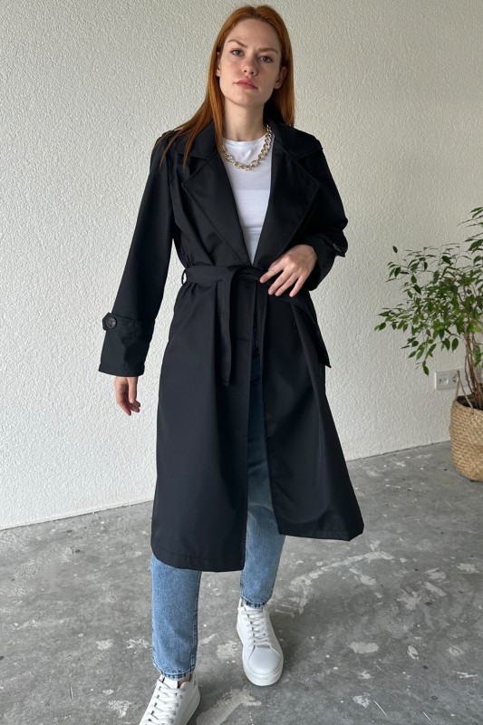 CKT-12414 Siyah Düğmeli Kuşaklı Klasik Model Trençkot - 4